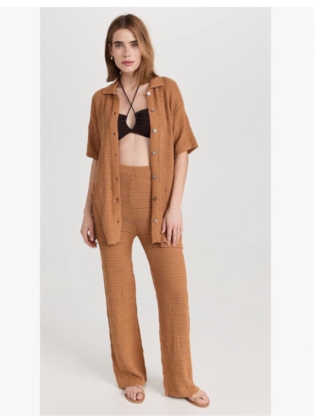 L*Space Marbella Camel Knit Cardigan Button Front Top In Mojave Tan